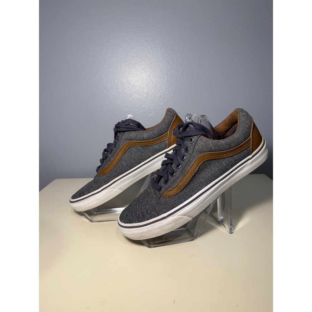 Vans Old Skool Casual Skate Shoes Men Navy Denim Brown Leather Accents Size 7